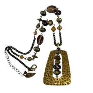 Coldwater Creek Necklace Hammered Pendant Acrylic Metal Bead Chain Boho Earthy